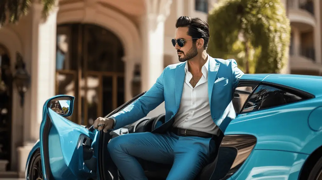 A successful Real Estate Agent getting out of his supercar.