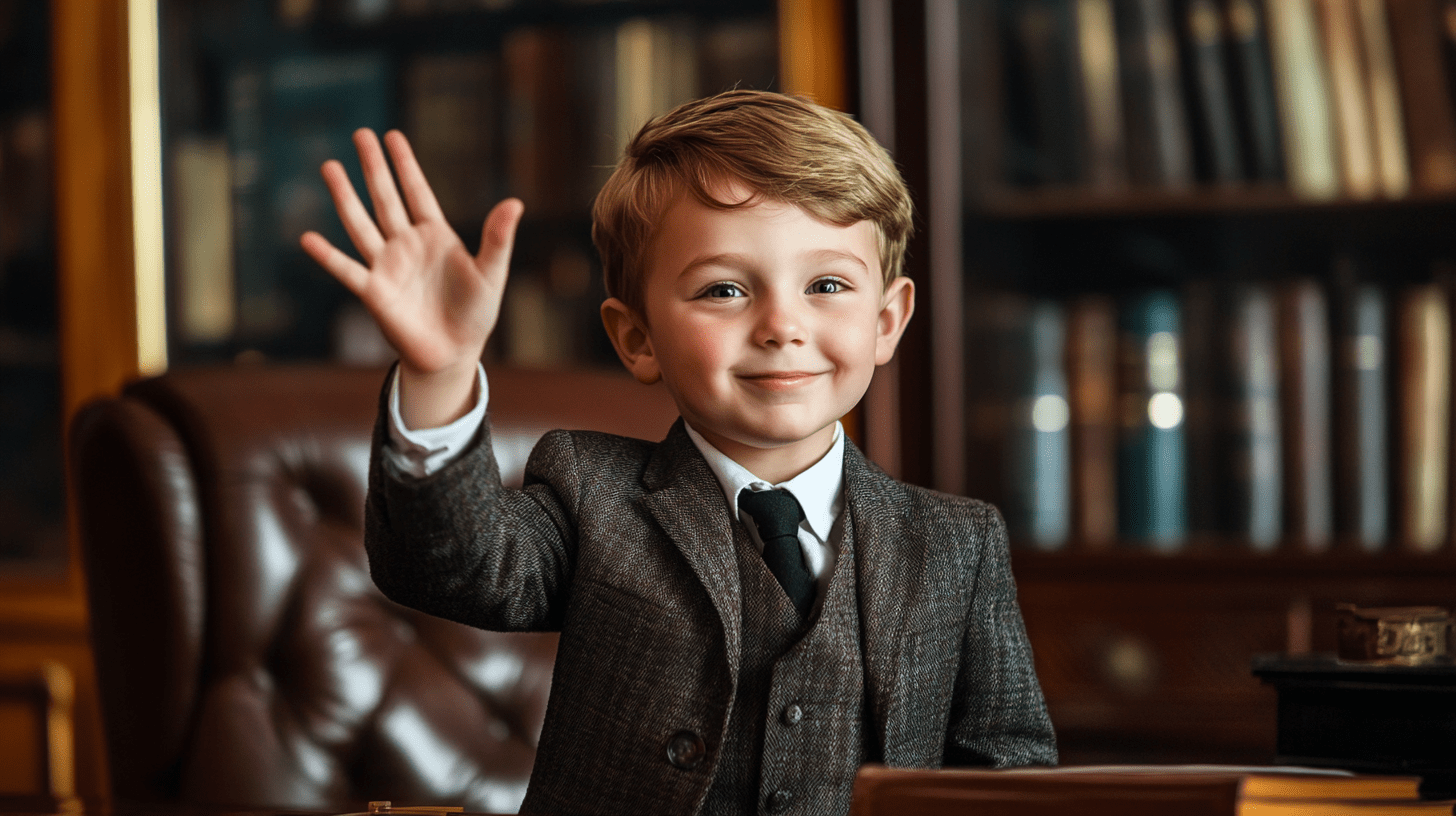 A young boy dressed as a Family Lawyer and waving at the camera.