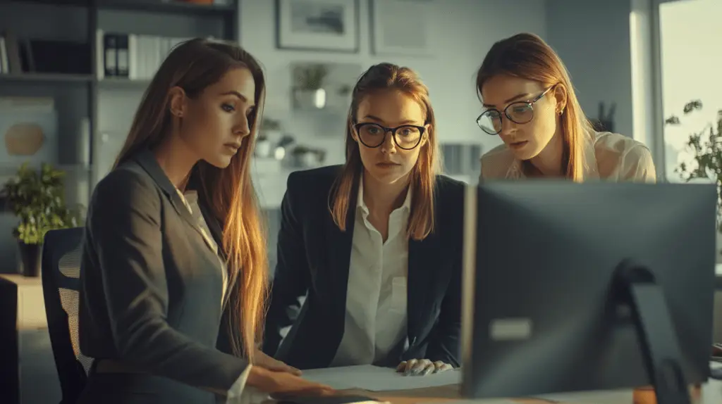 Three acocuntants standing around a computer working on optimizing their Google Business Profile.