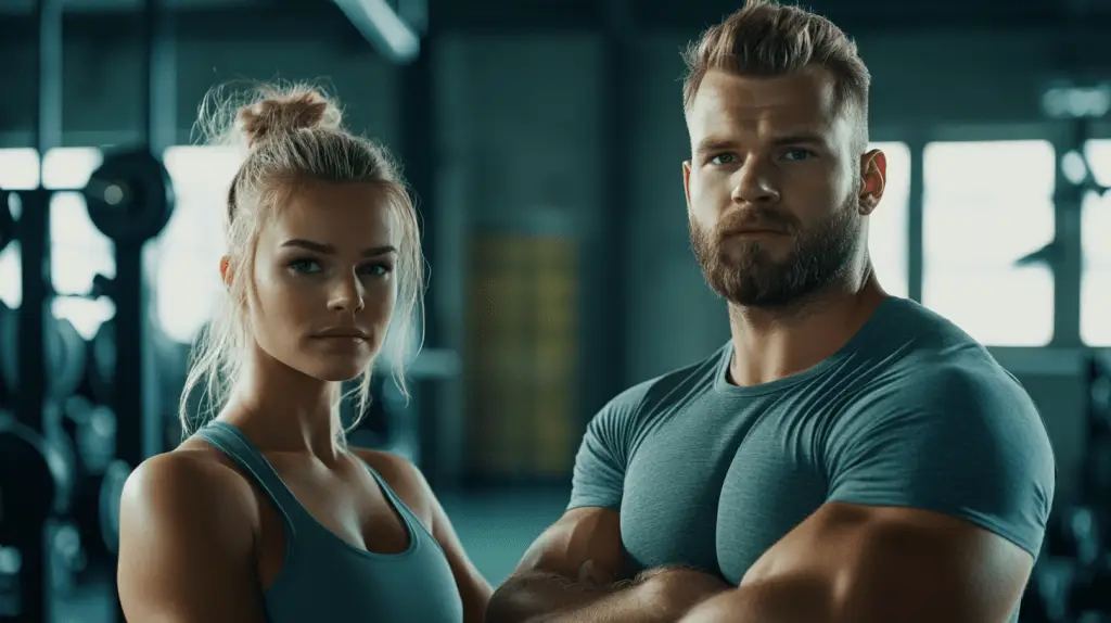 A pair of male and female gym owners standing in their gym.