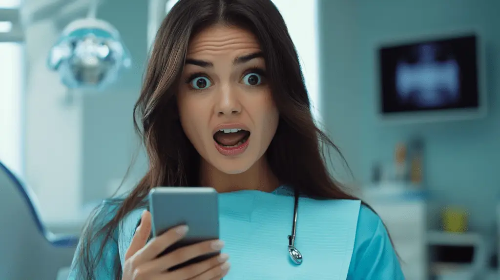 A dentist in her dental clinic looking t her mobile phone in shock at the hidden costs of ignoring dental seo.