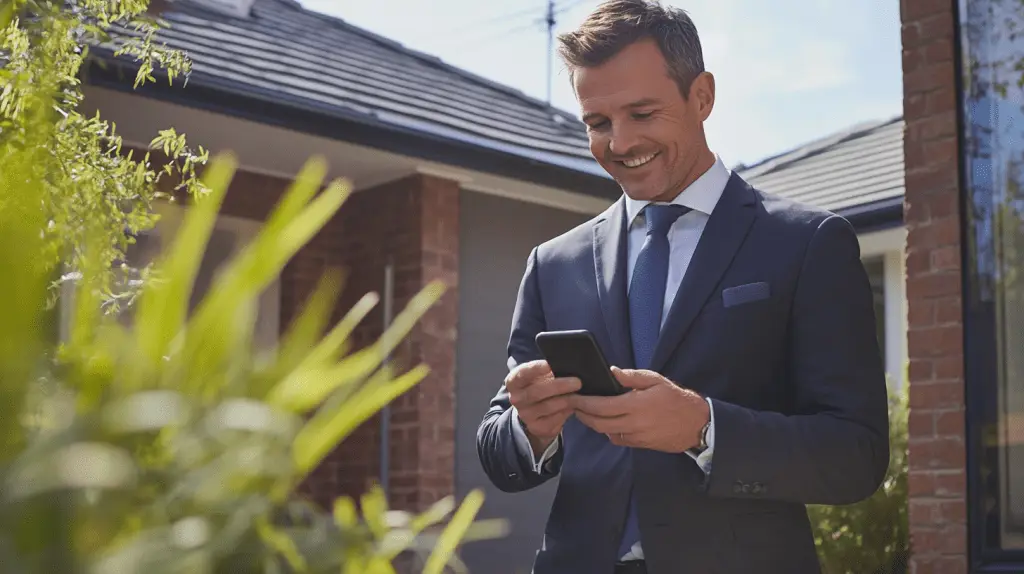 A Real Estate Agent standing in front of a house and looking at his Instagram reels on his phone.