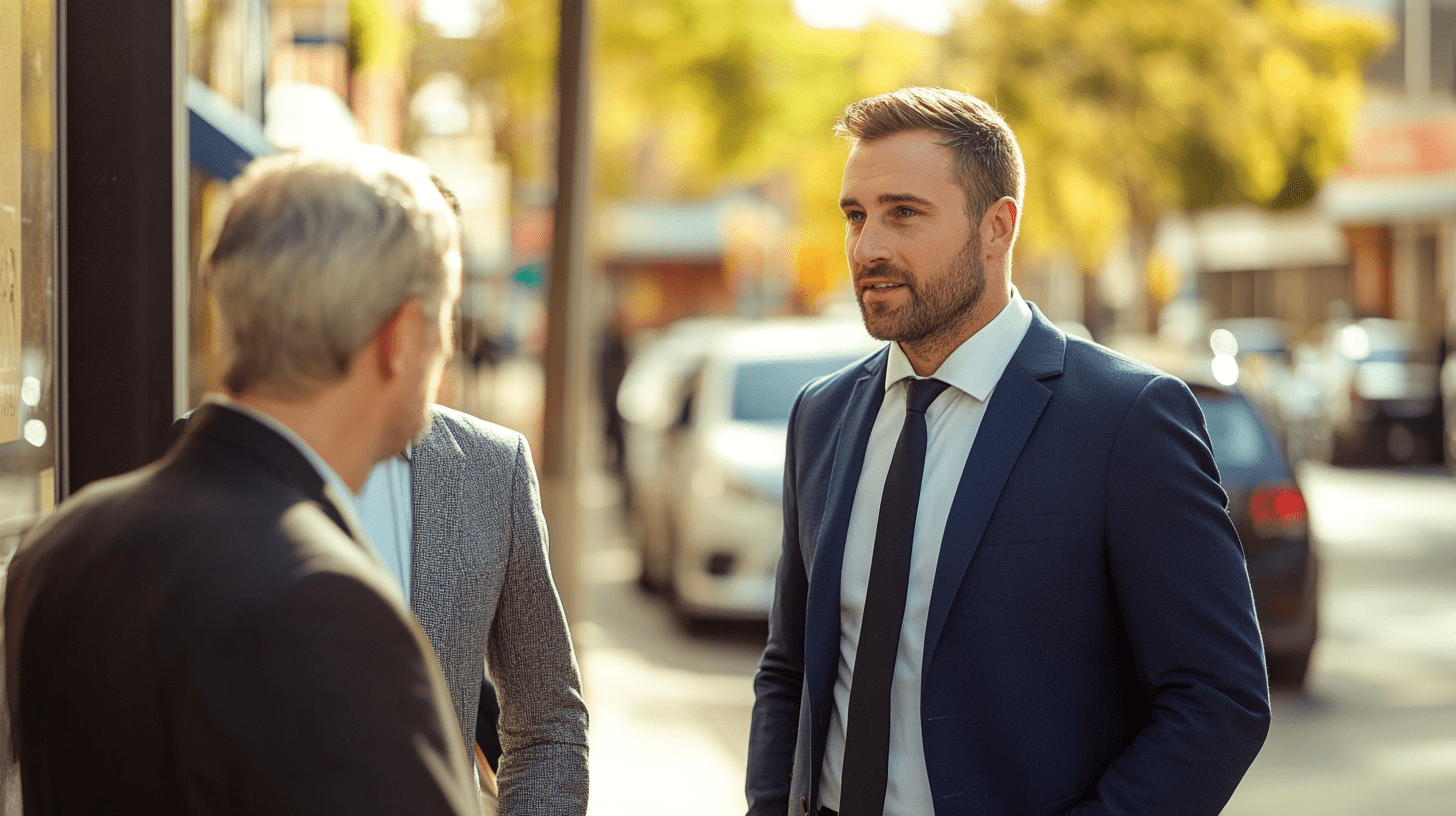 A lawyer speaking with a client on the street in Shepparton.