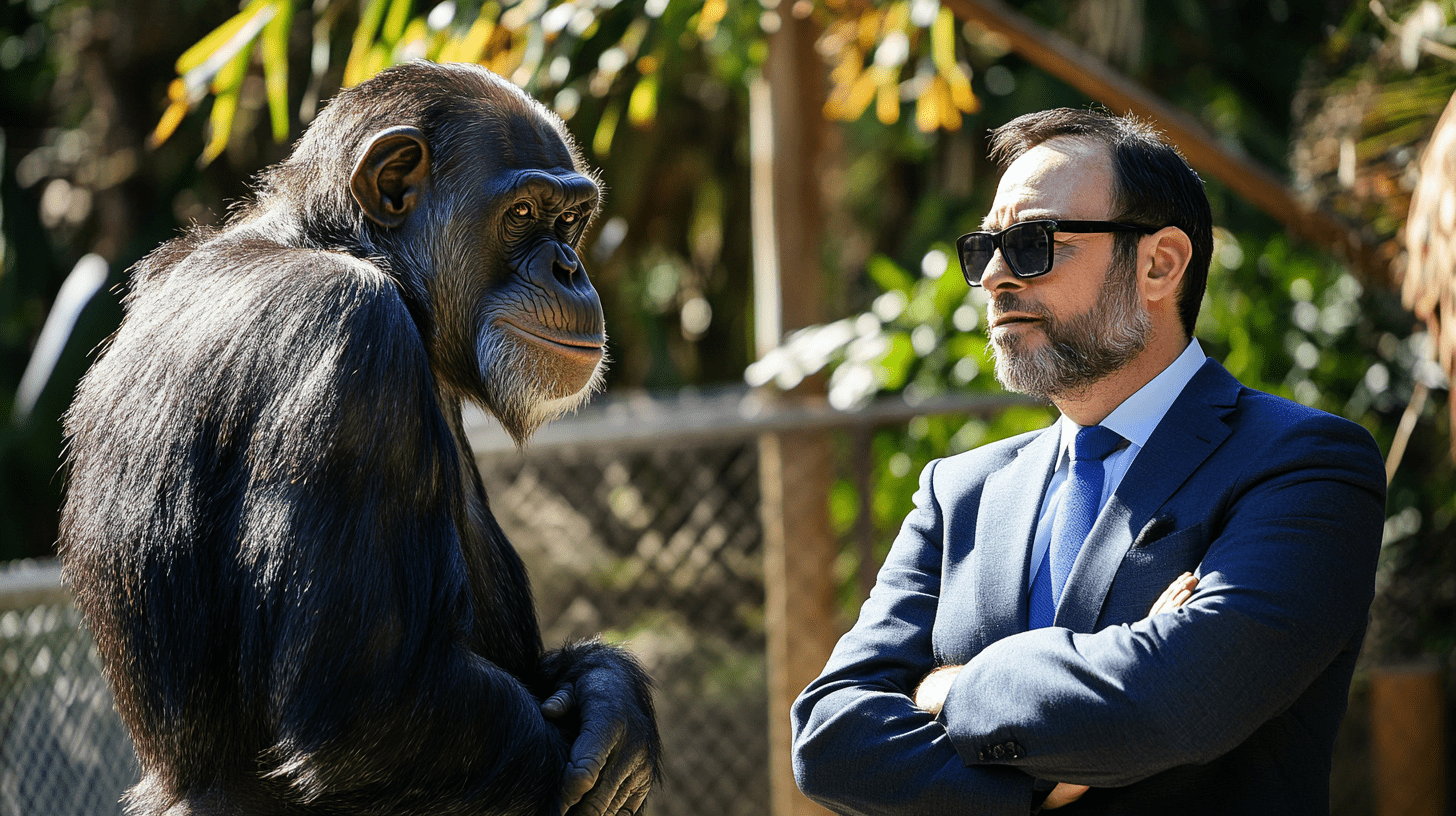 A lawyer standing next to a Chimpanzee at the Rockhampton Zoo.