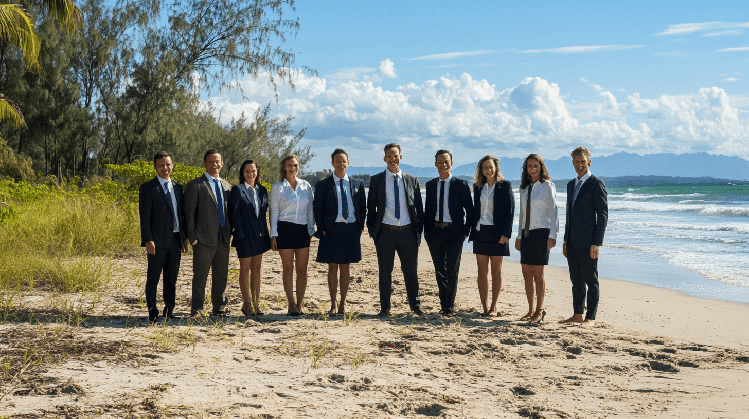 A team of lawyers posing for a team photo on the beach in Mackay.