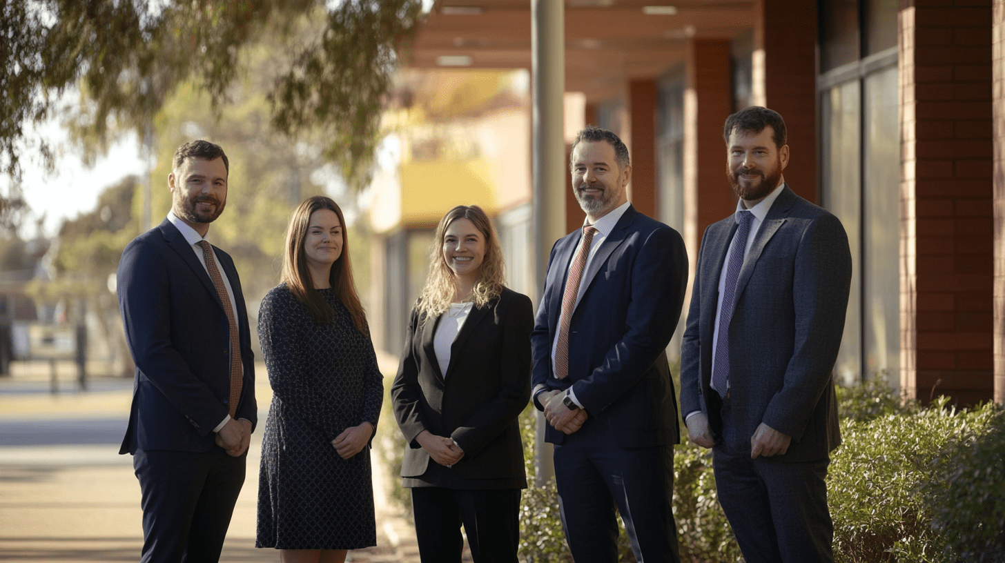 A team of lawyers standing outside their office in Wagga Wagga.