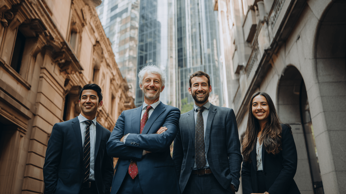 A team of lawyers standing outside their office in Sydney.