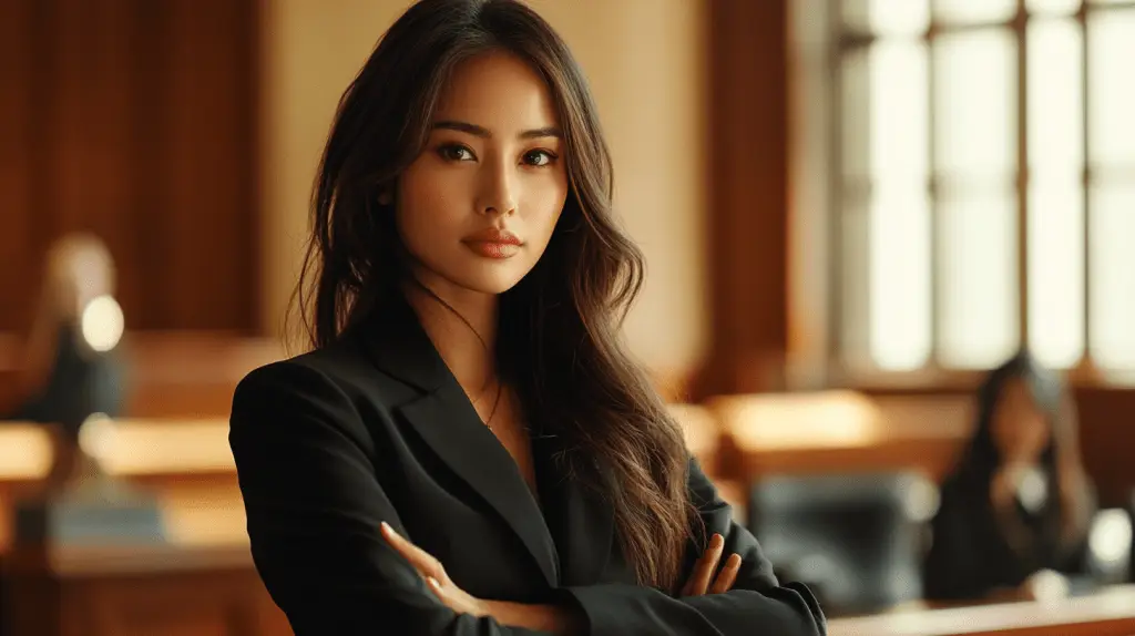 A female lawyer standing in a courtroom.