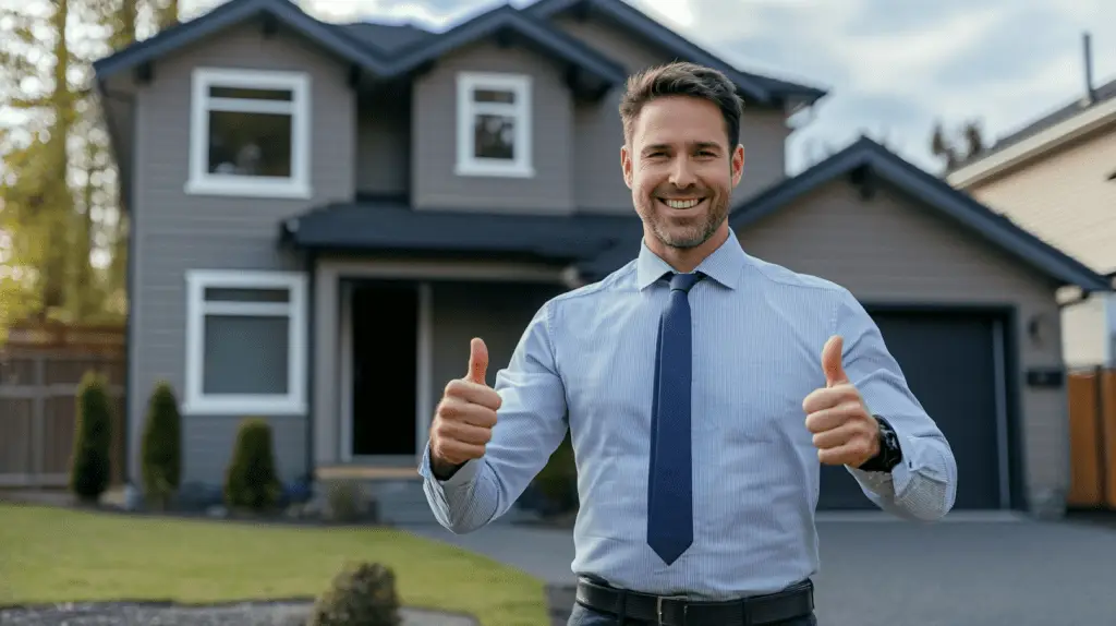A Real Estate Agent standing in front of a house and giving two thumbs up.