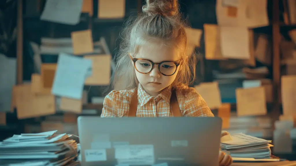 A young girl dressed up as an accountant working on a laptop.