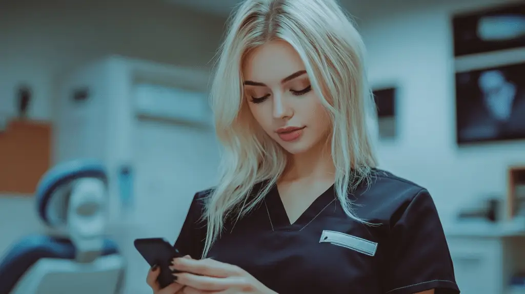 A Dentist in her dental clinic checking her mobile phone for her website optimization.