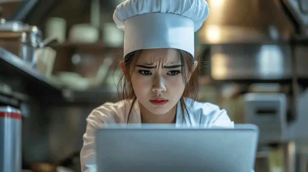 A chef in her kitchen working on her laptop on social media and looking stressed.