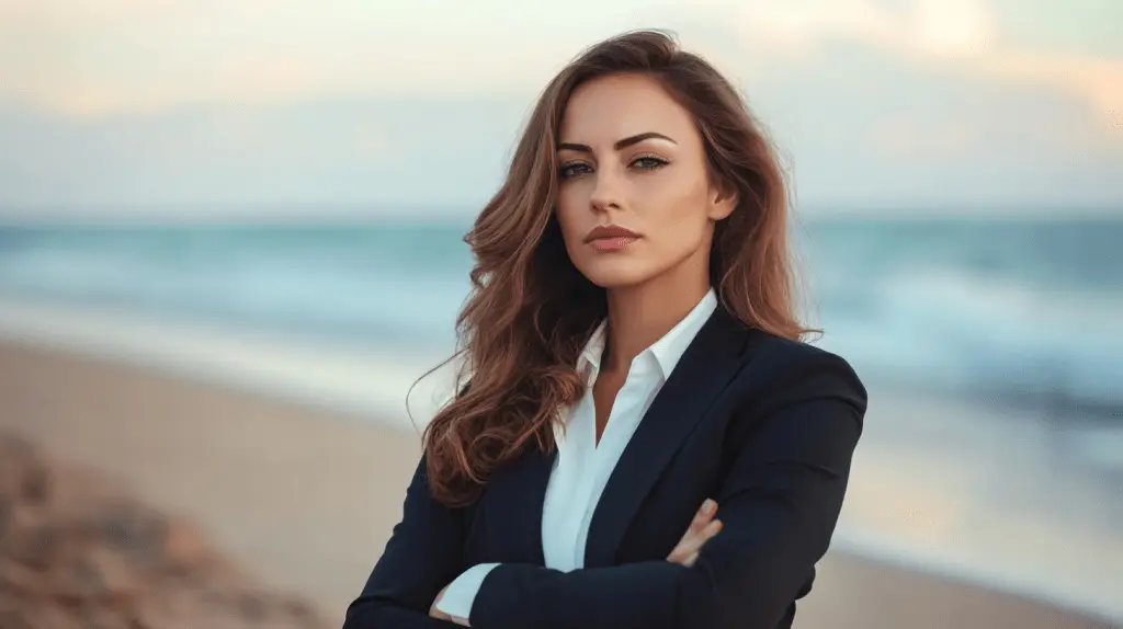 A female lawyer standing on the beach at Bondi wearing a suit.