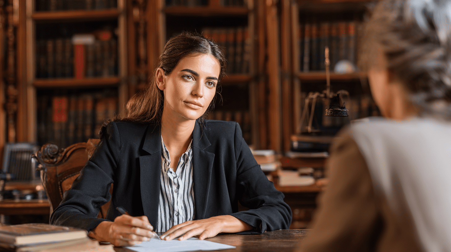 A personal injury lawyer meeting with a client in her office.