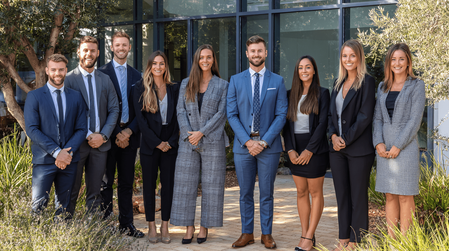 A team of personal injury lawyers standing outside their office in Cronulla.