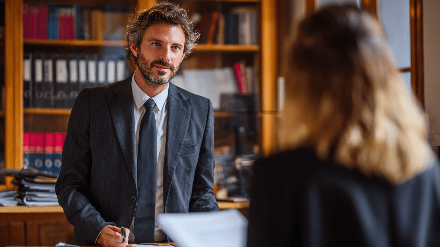 A personal injury lawyer meeting with a client in his office in Manly.