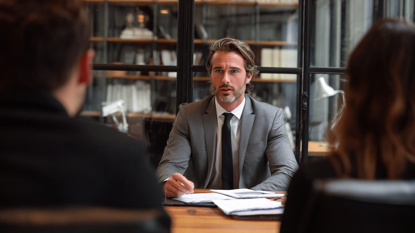 A Personal Injury Lawyer in a meeting with clients in his office.