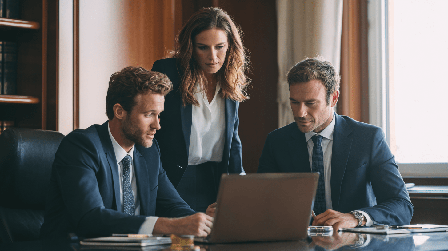 Three Personal Injury Lawyers working on SEO backlinks in their office.