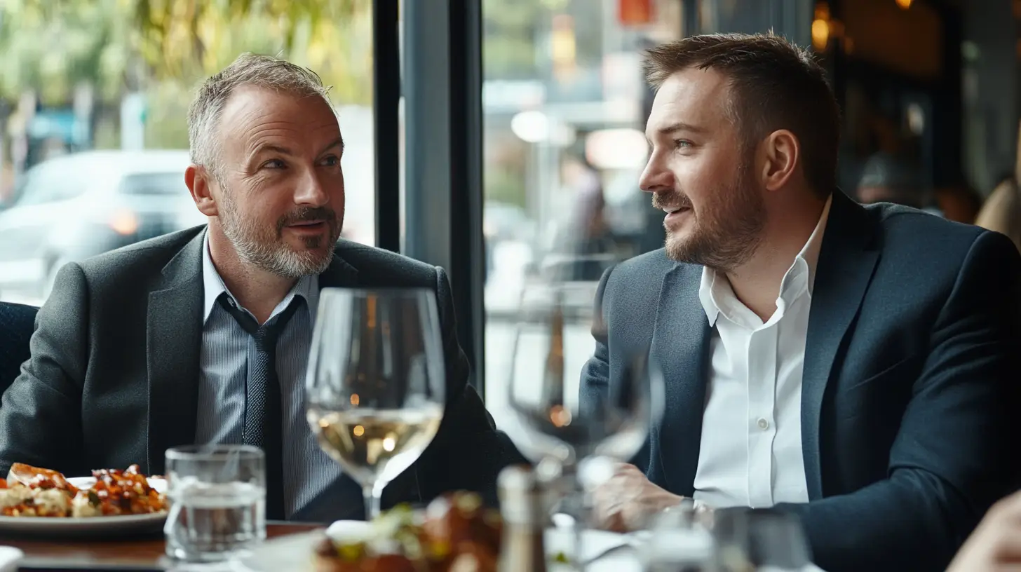 A personal injury lawyer talking with a client at an italian restaurant in Lygon Street, Carlton, Melbourne.