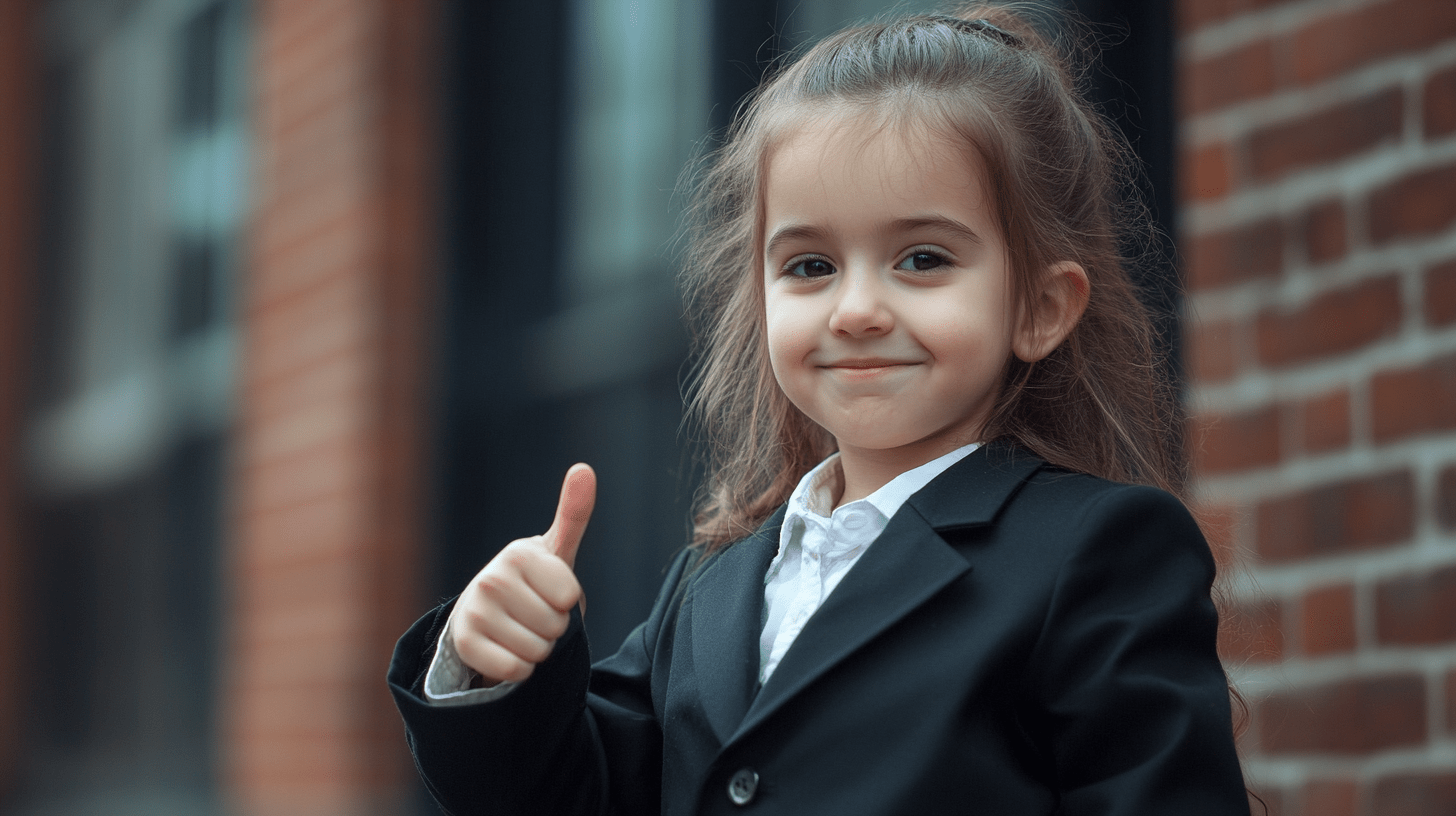A young girl dressed up as a personal injury lawyer and standing outside her office in Dandenong, Melbourne.
