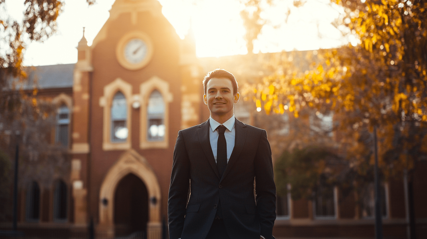 A personal injury lawyer standing in front of Swinburne University in Hawthorn, Melbourne.