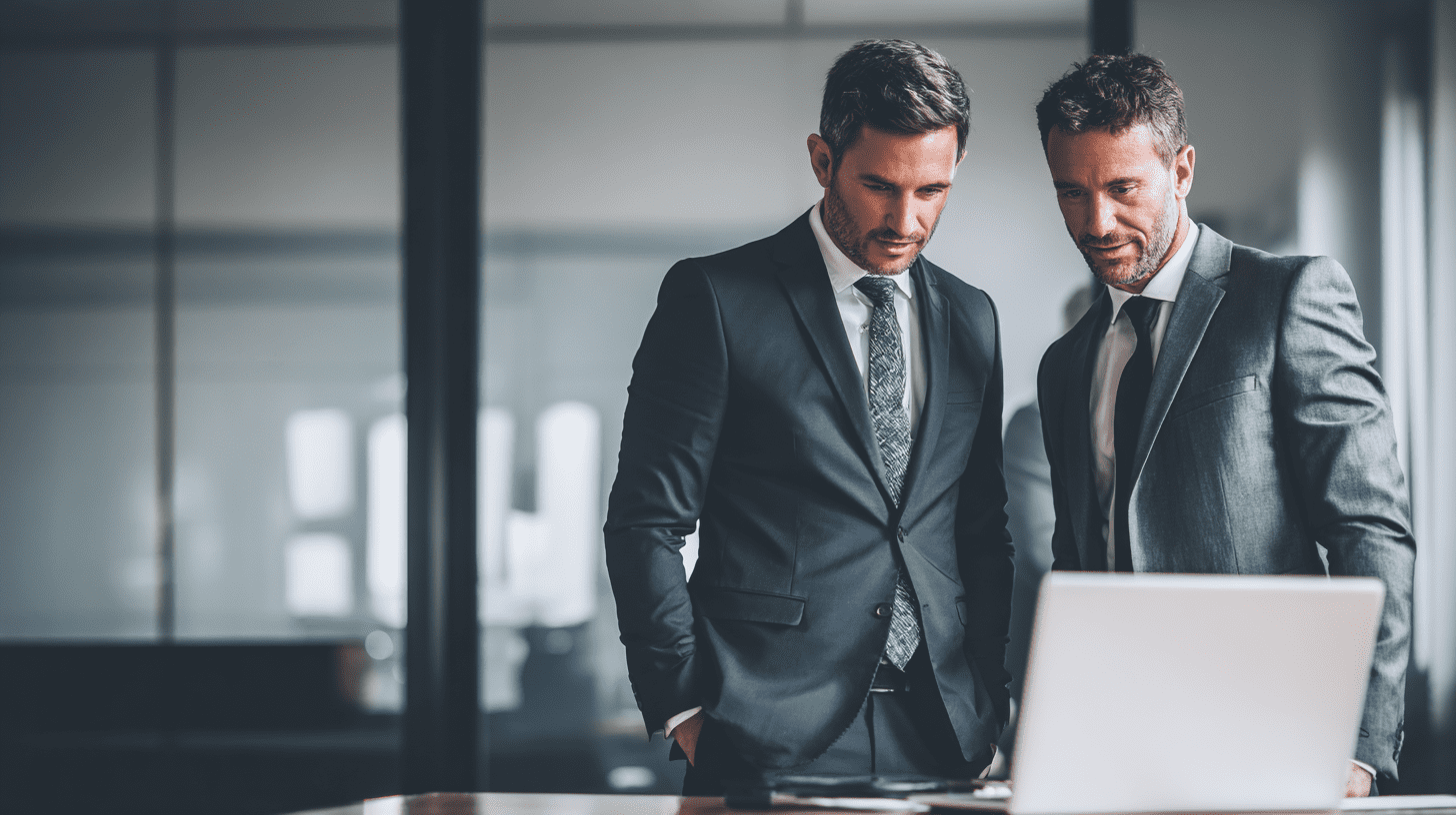Two personal injury lawyers looking at SEO data in their office in Hurstville.