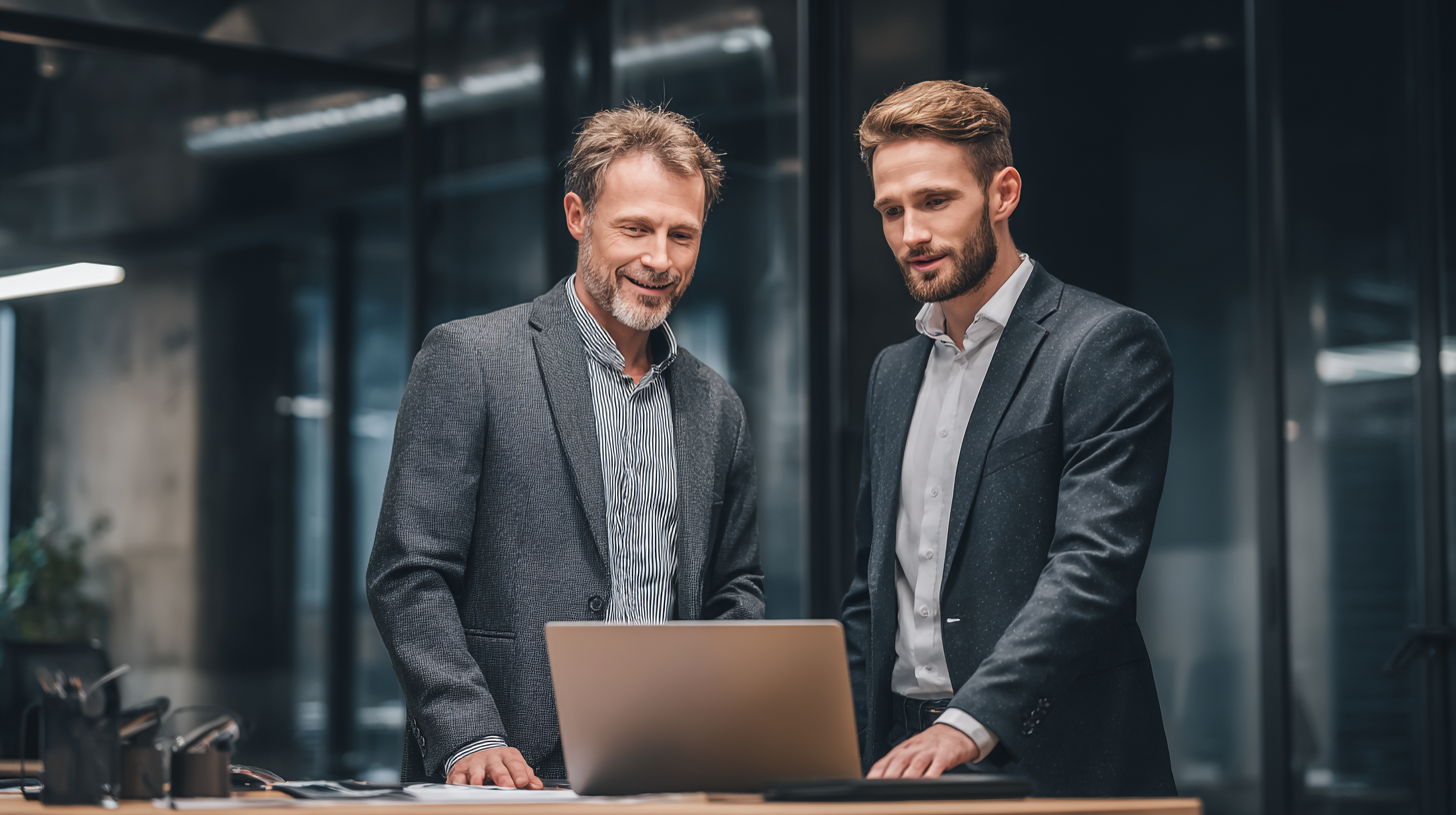 Two lawyers discussing their SEO in their office next to a laptop.