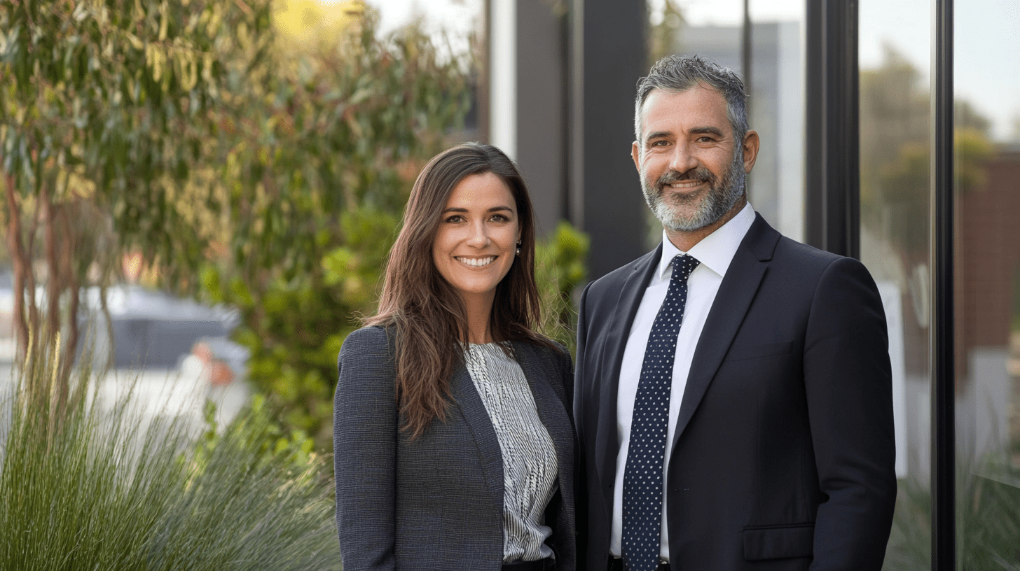 Two personal injury lawyers standing outside their office in Ringwood, Melbourne.