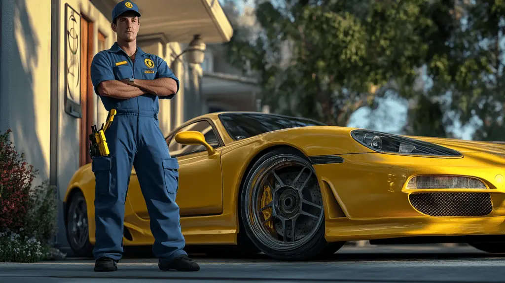 A plumber in his uniform standing next to his expensive sportscar.