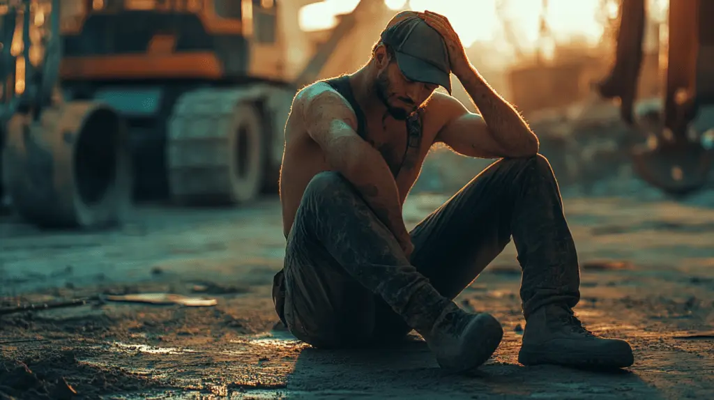 A trade business owner sitting on the ground and crying.