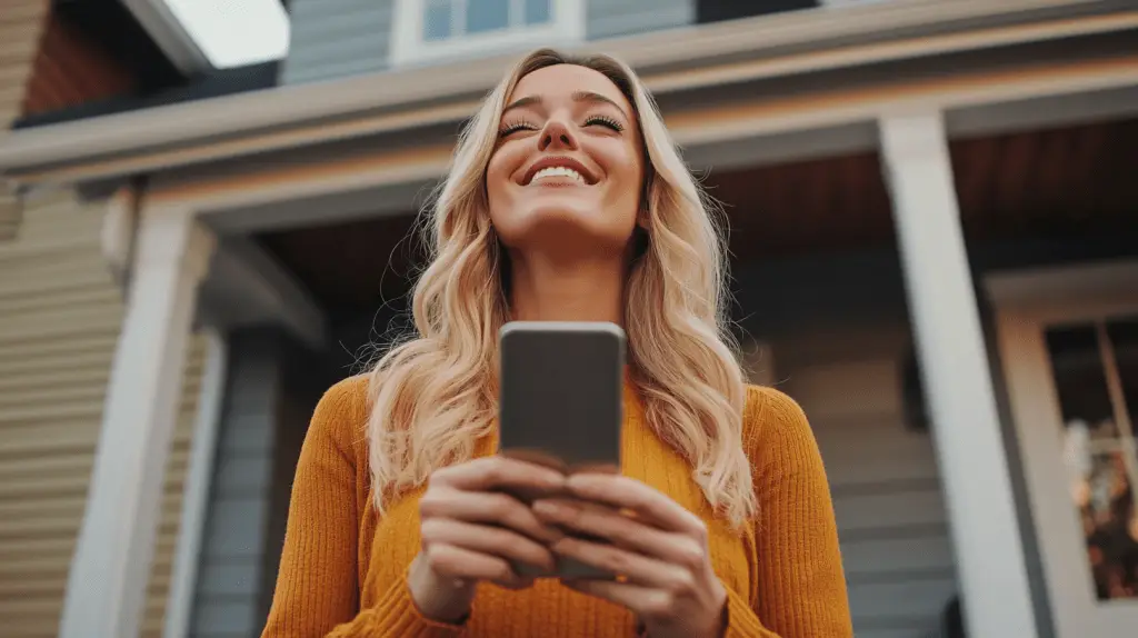 A real estate agent standing in front of a house happy about tripling enquiries using social media.