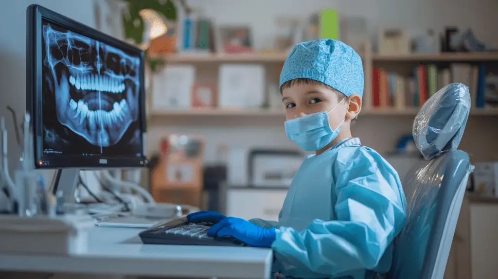 A young boy dressed up as a dentist and working on a computer.