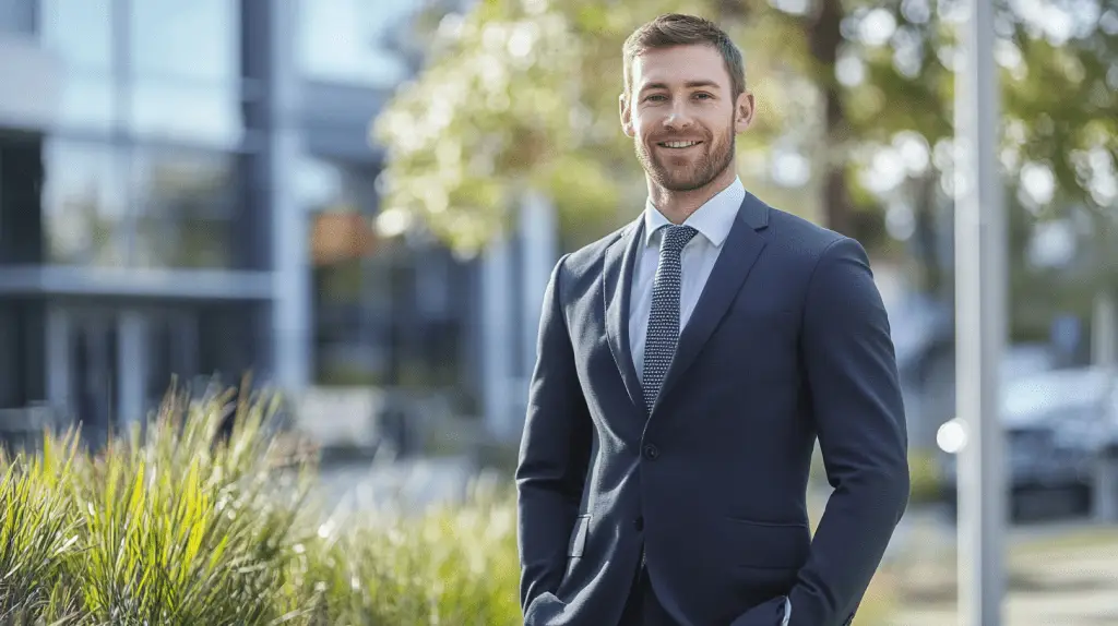 A Commercial Lawyer standing in front of a plaza in Dandenong, Melbourne.