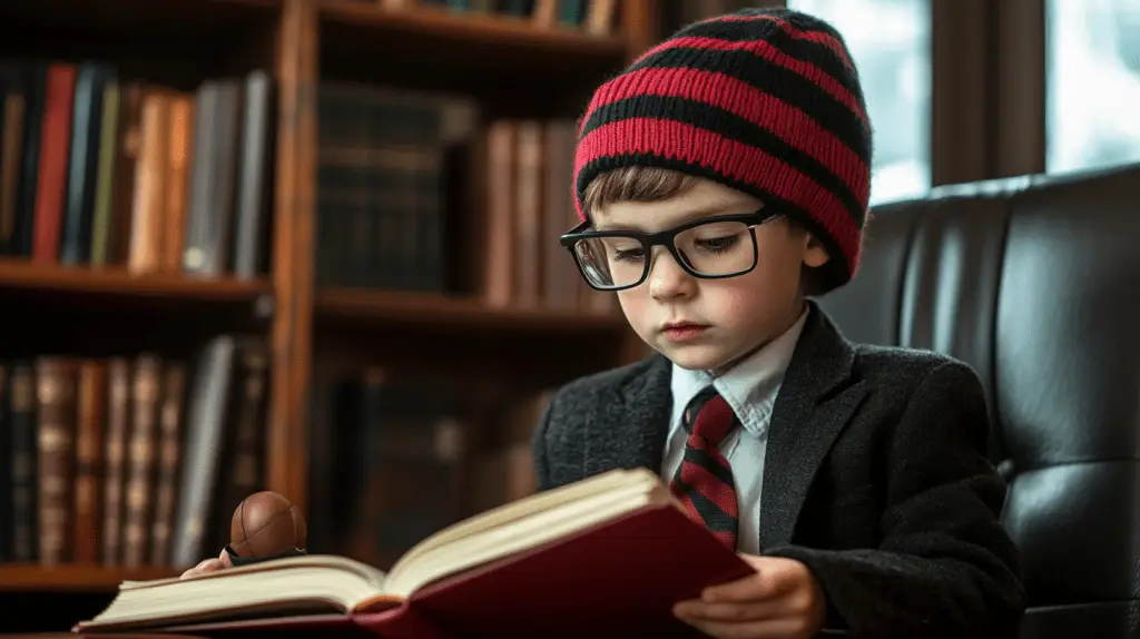 A young buy dressed up as a commercial lawyer reading a law book at his desk in Essendon, Melbourne.