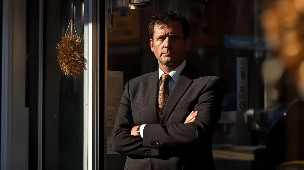 A commercial lawyer standing outside his office in Footscray, Melbourne.