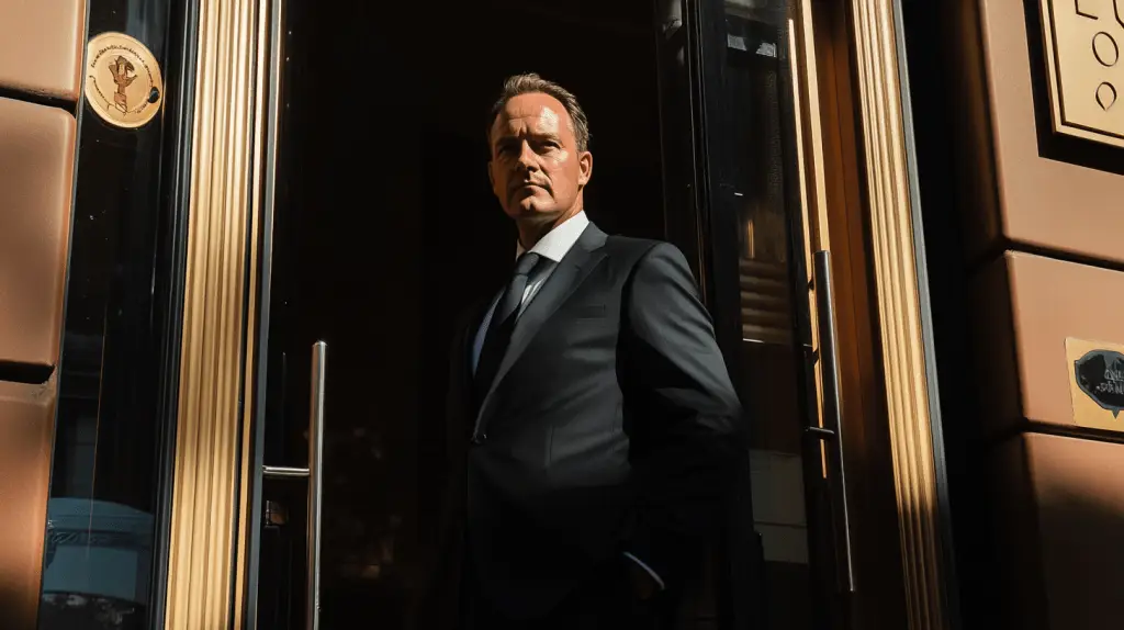 A commercial lawyer standing at the entrance to his office in Heidelberg, Melbourne.