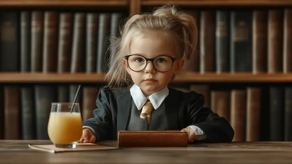 A young girl dressed up as a commercial lawyer sitting in her office in Hornsby, Sydney.