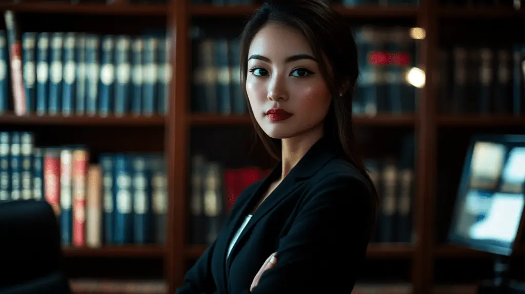 A commercial lawyer standing in her office in Hurstville, Sydney.