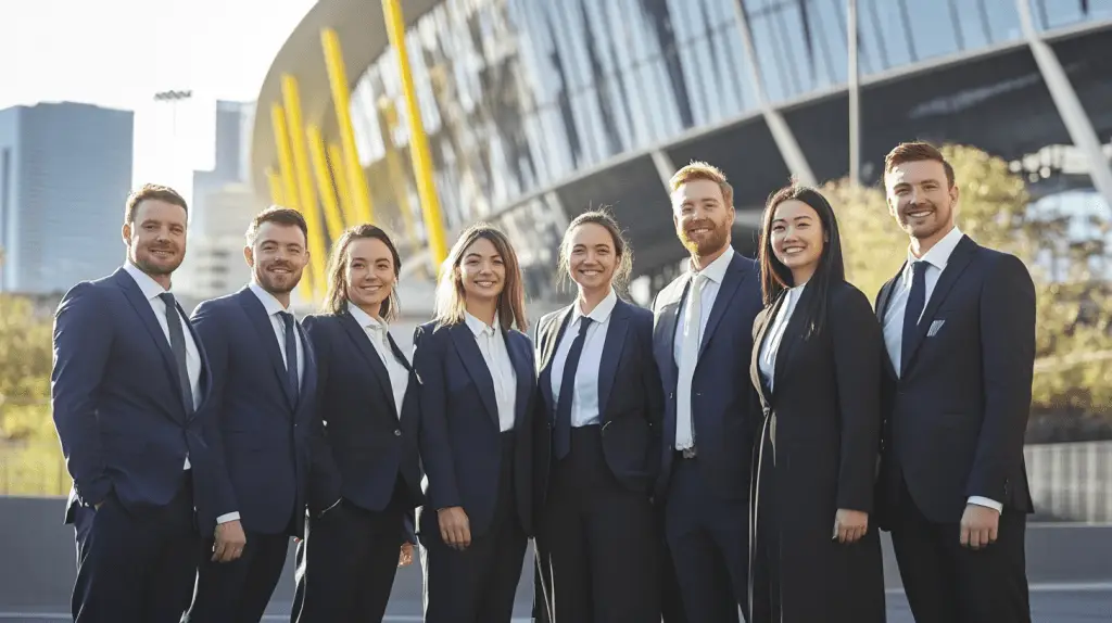 A team of commercial lawyers standing in front of Rod Laver Arena in Melbourne.