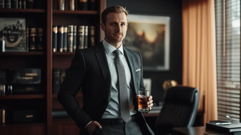 A commercial lawyer standing in his office in Ringwood, Melbourne.