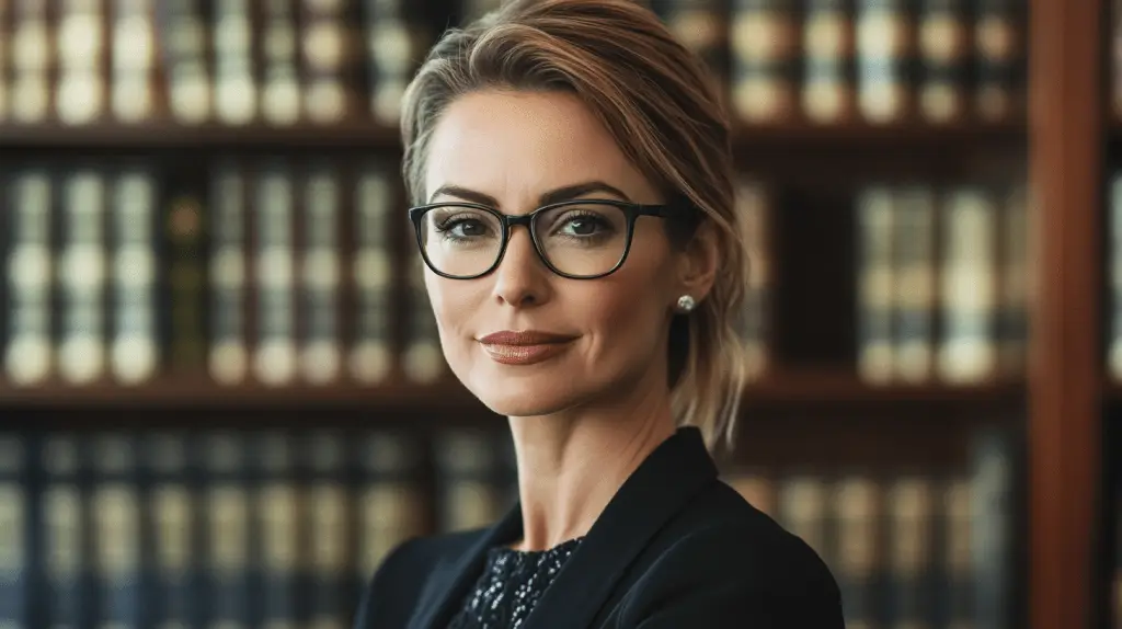 A commercial lawyer standing in her office in Ryde, Sydney.