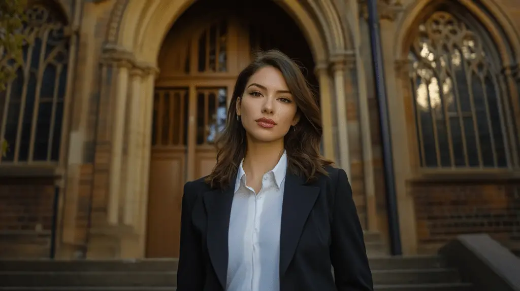 A commercial lawyer standing in front of the Australian Catholic University in Strathfield, Sydney.