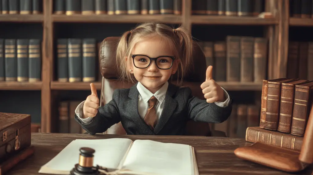 A young girl dressed up as a commercial lawyer and sitting in her office in Werribee, Melbourne.