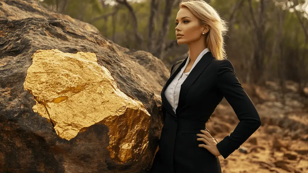 A criminal lawyer standing next to a large gold nugget in Bendigo.