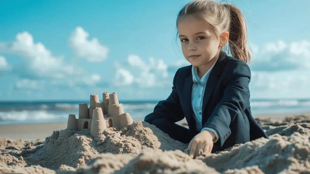 A young girl dressed as a lawyer building a sand castle on the beach.