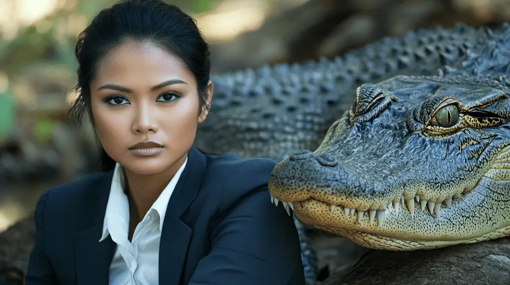 A Criminal Defense Lawyer standing next to a saltwater crocodile in Darwin City.