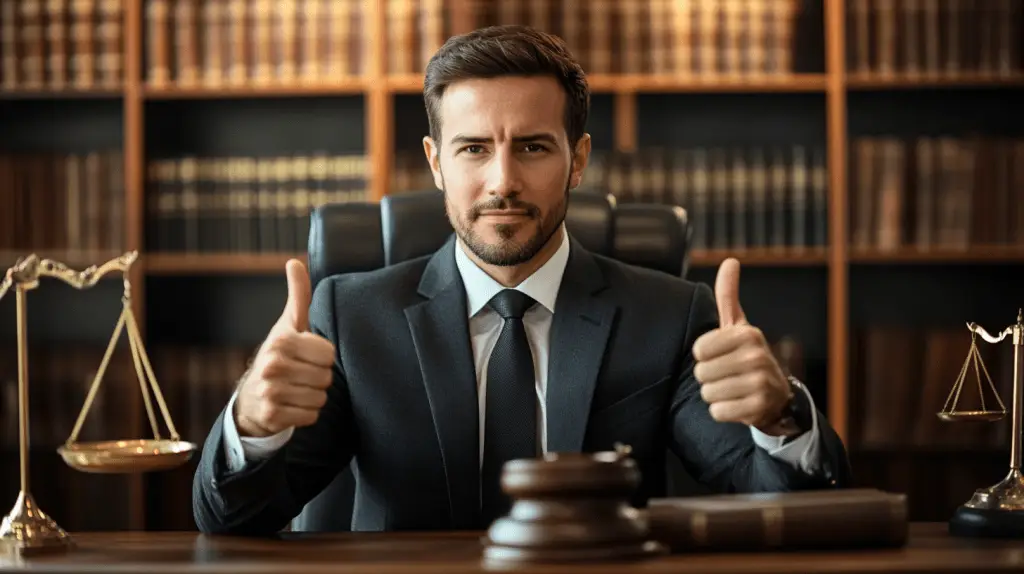 A criminal defense lawyer giving two thumbs up in a suit.
