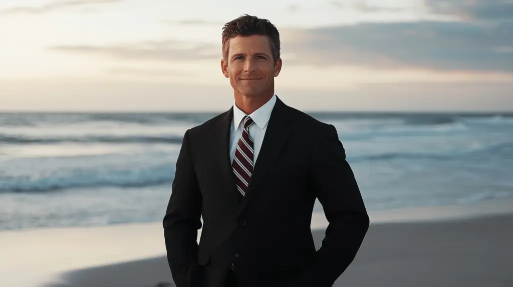 A Criminal Defense Lawyer wearing a suit standing on the beach at Manly.