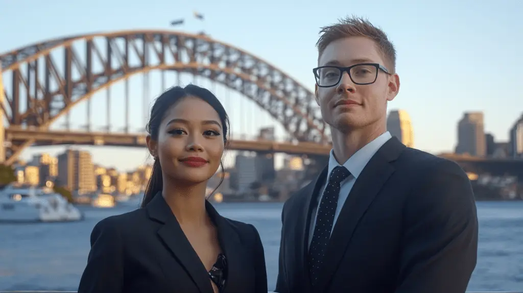 Two criminal Defense Lawyers standing in front of the Sydney Harbour Bridge.