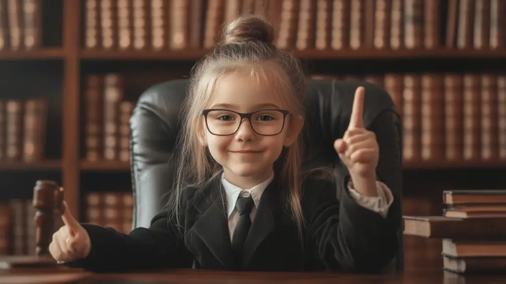 A young girl dressed up as a criminal lawyer sitting in her office.